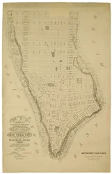 Mapa que muestra la marca de agua alta y baja y las concesiones originales de la ciudad de terrenos bajo el agua hechas a varias partes desde 1686 hasta 1873, extendiéndose desde Battery hasta la Calle Cincuenta y Uno, Judson y East Rivers